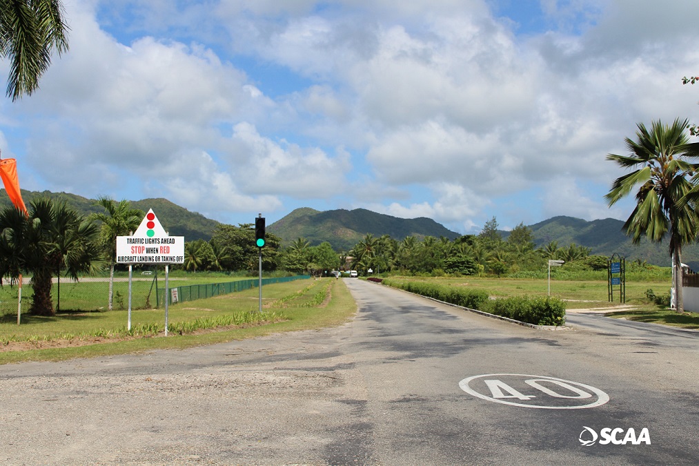 One set of traffic lights next to the Praslin domestic airport